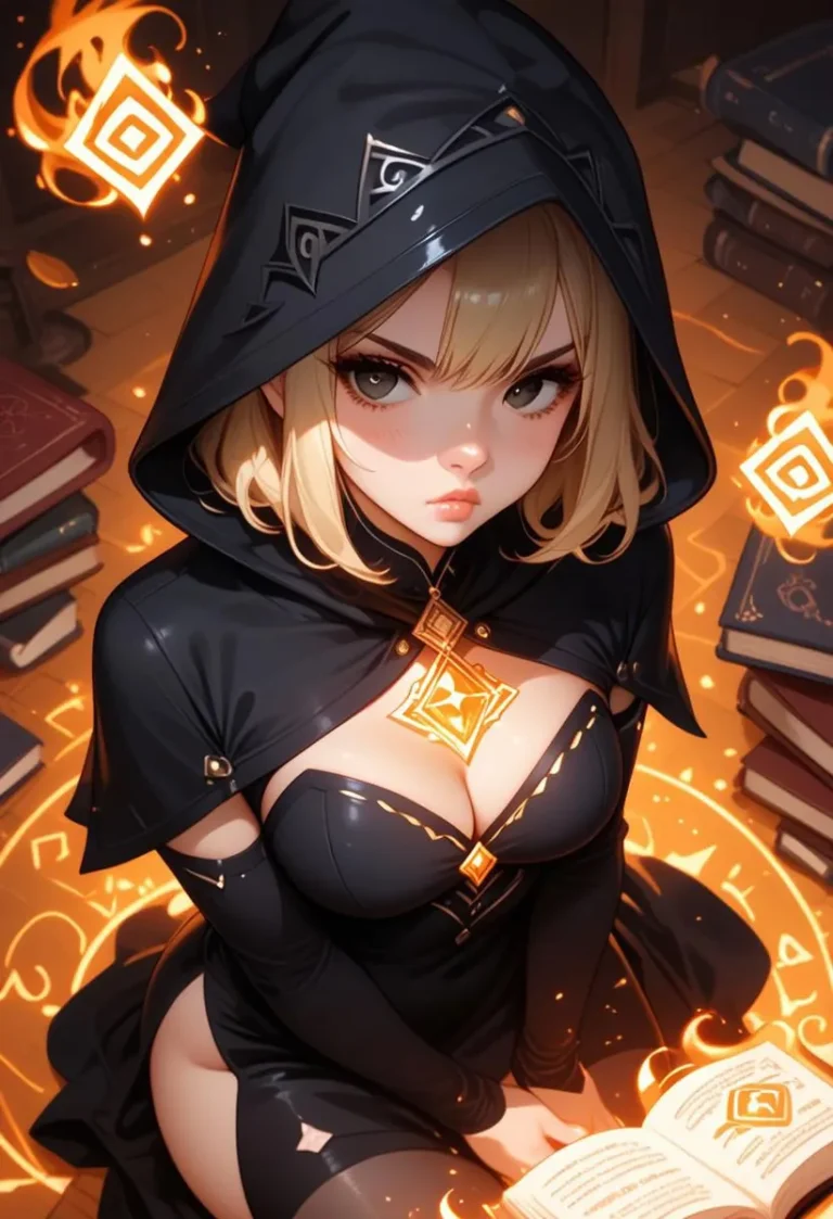 A blonde witch in a black outfit casting spells with glowing magic symbols in a dark forest.