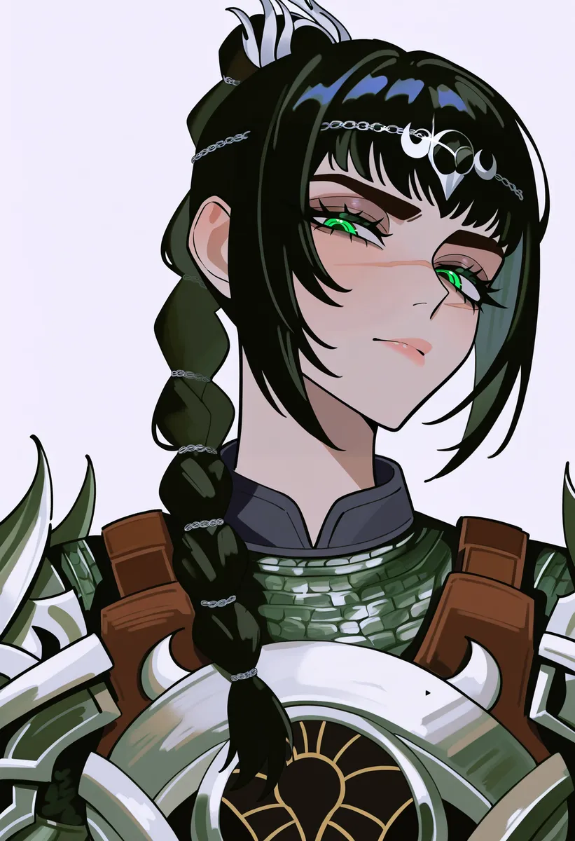 Female character, Shadowheart, with black braided ponytail, green eyes, wearing armor.