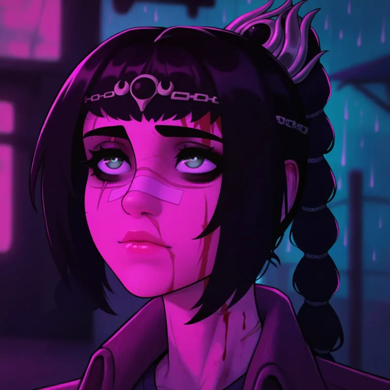 Portrait of a woman with black hair, braided ponytail, and green eyes, featuring a scar and bandaid on her face, with a pink themed night background.