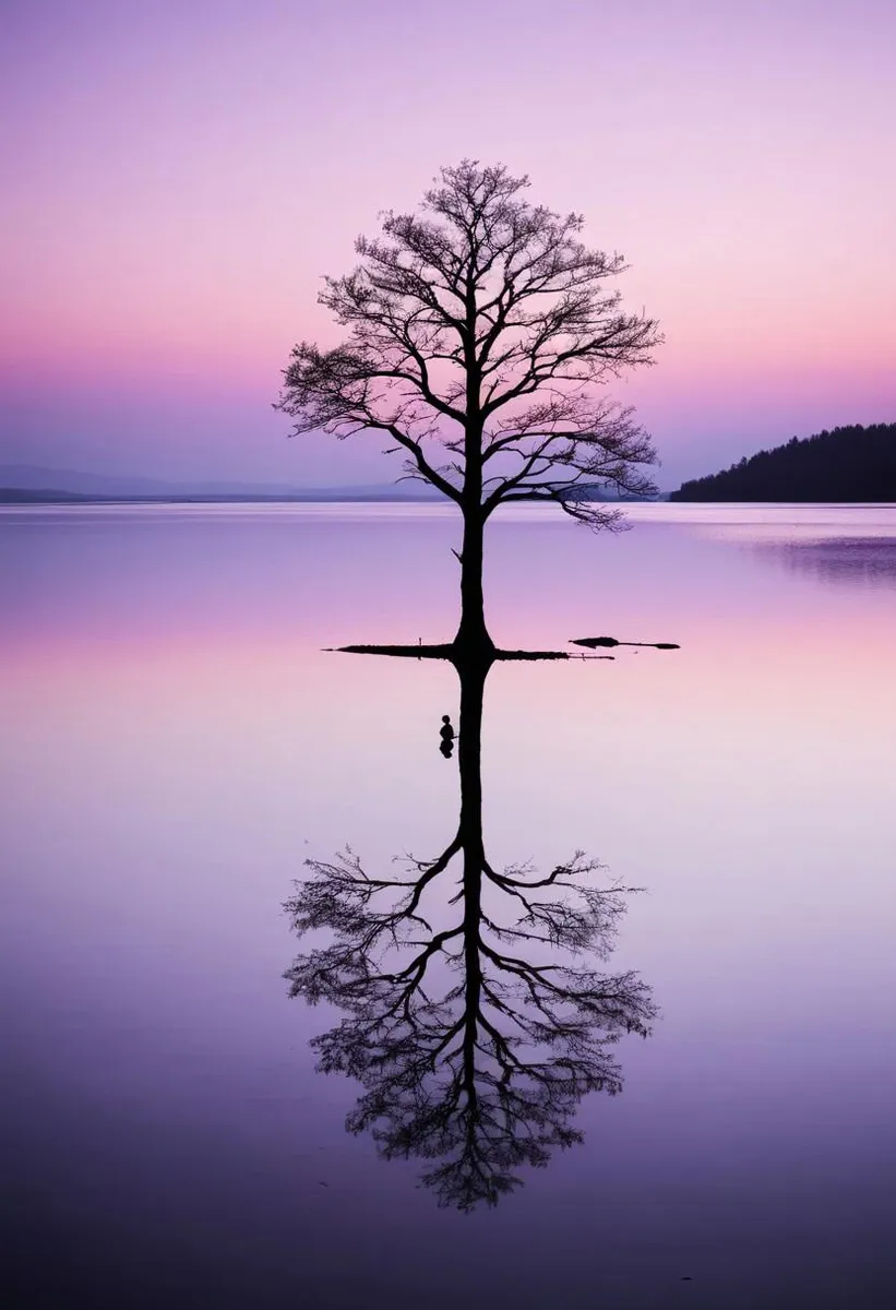 Minimalistic silhouetted tree with lake reflection at sunset in purple and pink pastel hues.