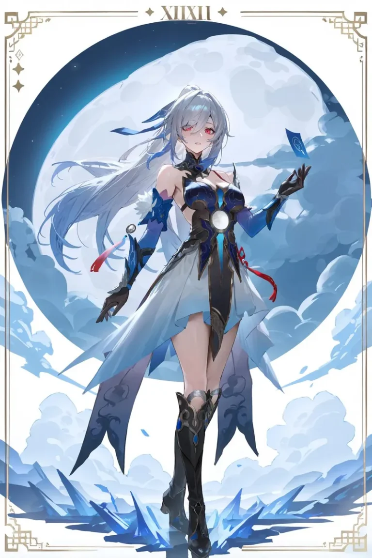 Character card showing a silver-haired woman in a blue and white Chinese dress with red eyes, standing against a celestial background.