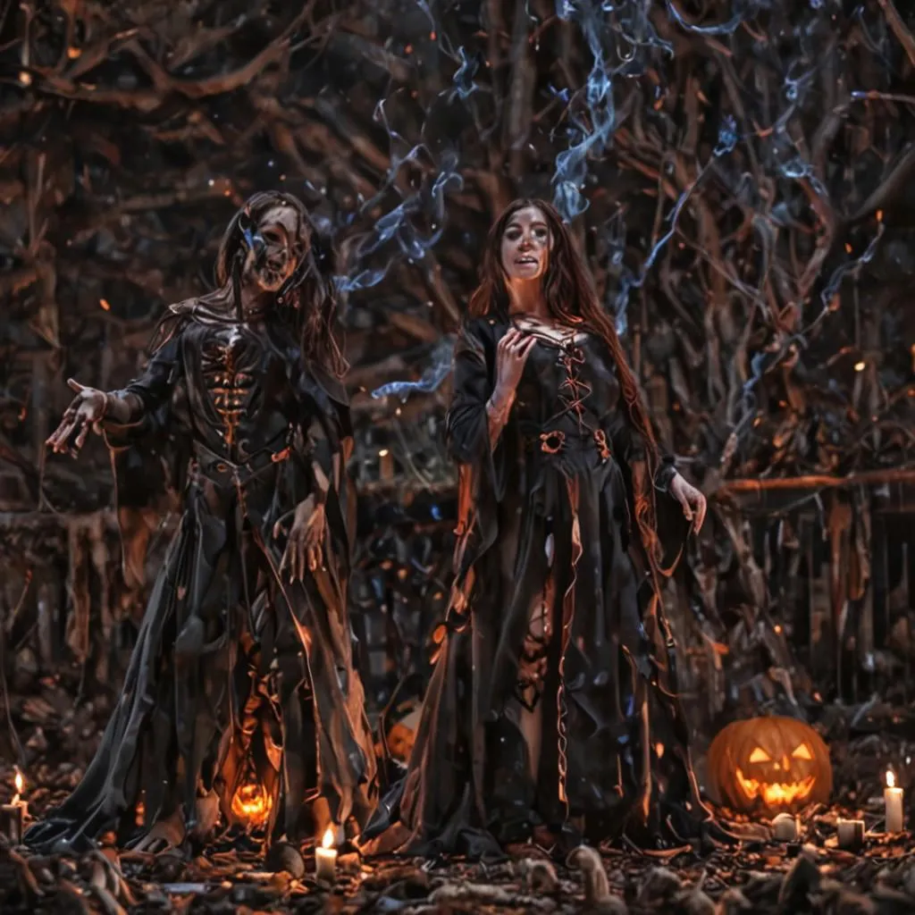 Skeleton women in black robes, candles in pumpkins, cauldron with blue smoke.