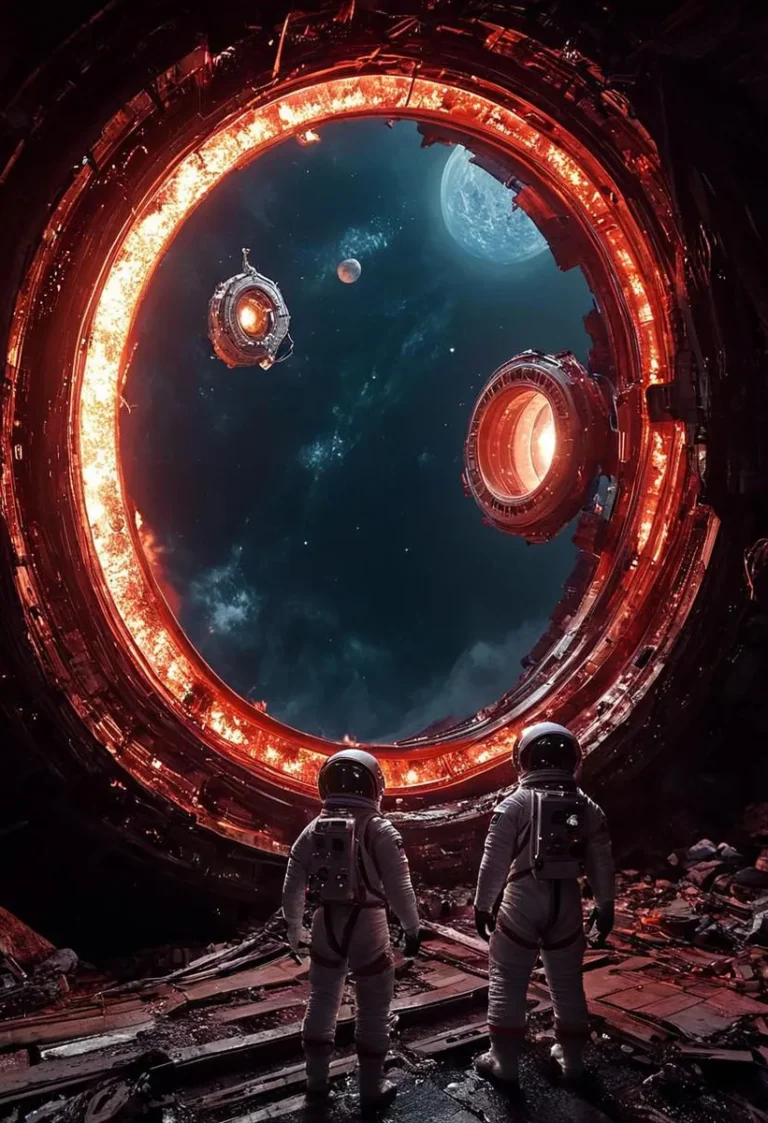 Two astronauts in spacesuits inside a giant, dilapidated ring structure in space, with a bright red light and metal debris. A gloomy atmosphere prevails.