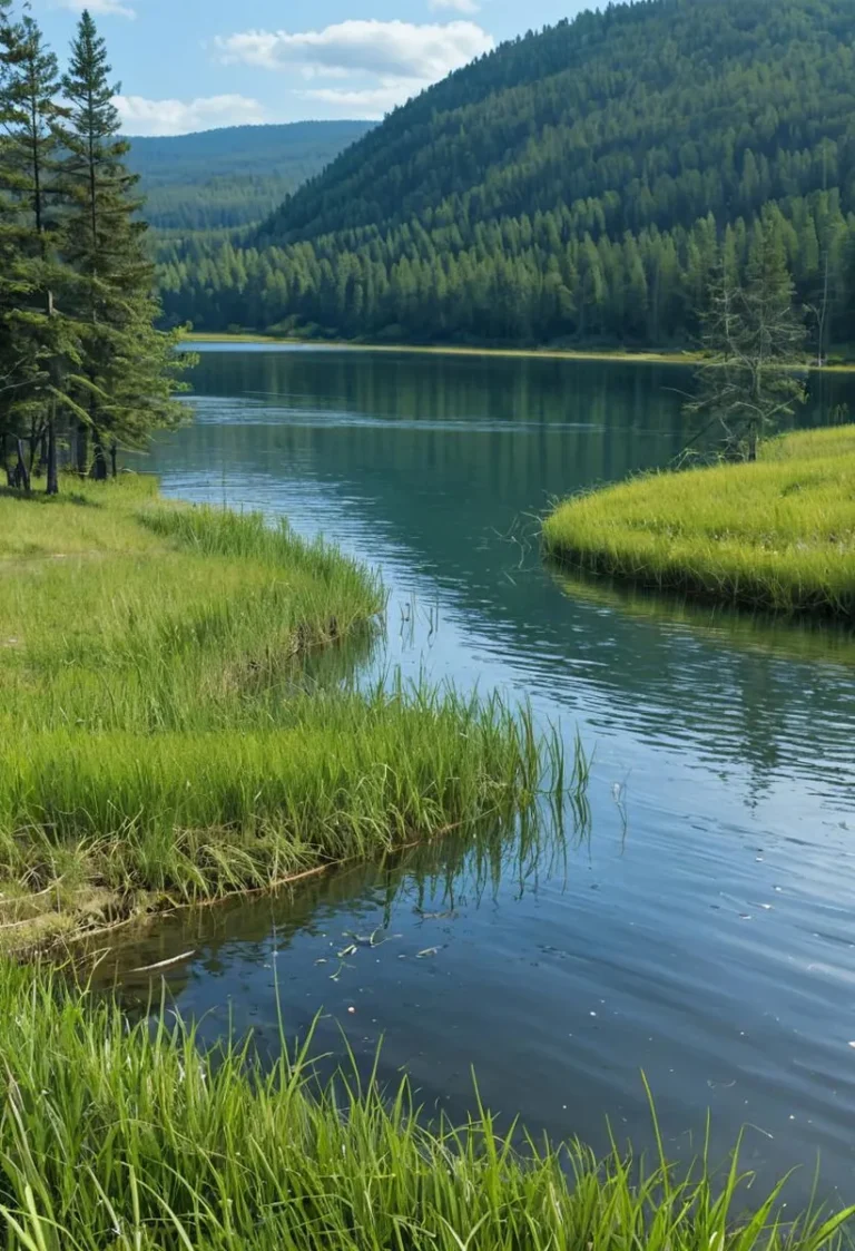 晴れた春の日に木々と草に囲まれた湖。