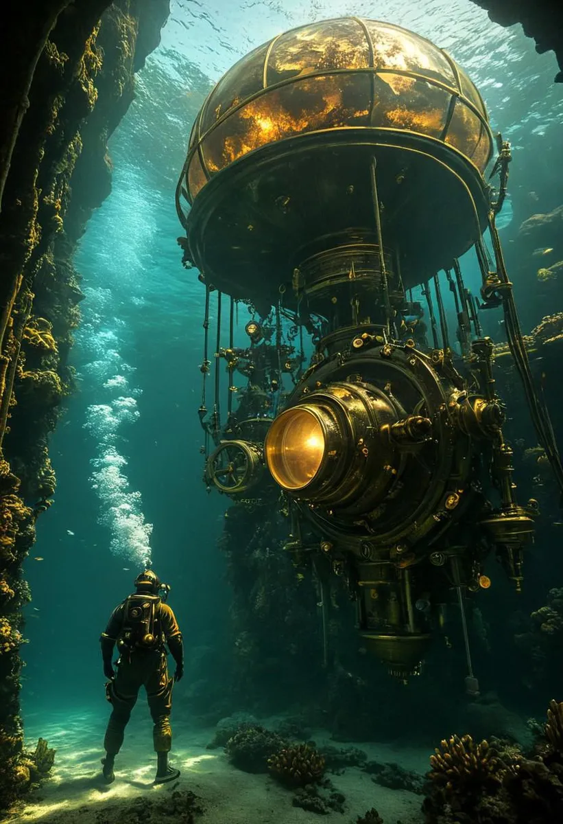 Photorealistic underwater steampunk city with Victorian buildings and mechanical fish.