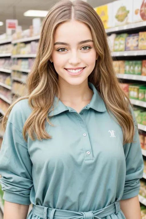 緑のスモックを着た食料品店で笑顔を見せる女の子のフォトリアルなポートレート。詳細な目とリアルな肌を特徴としています。