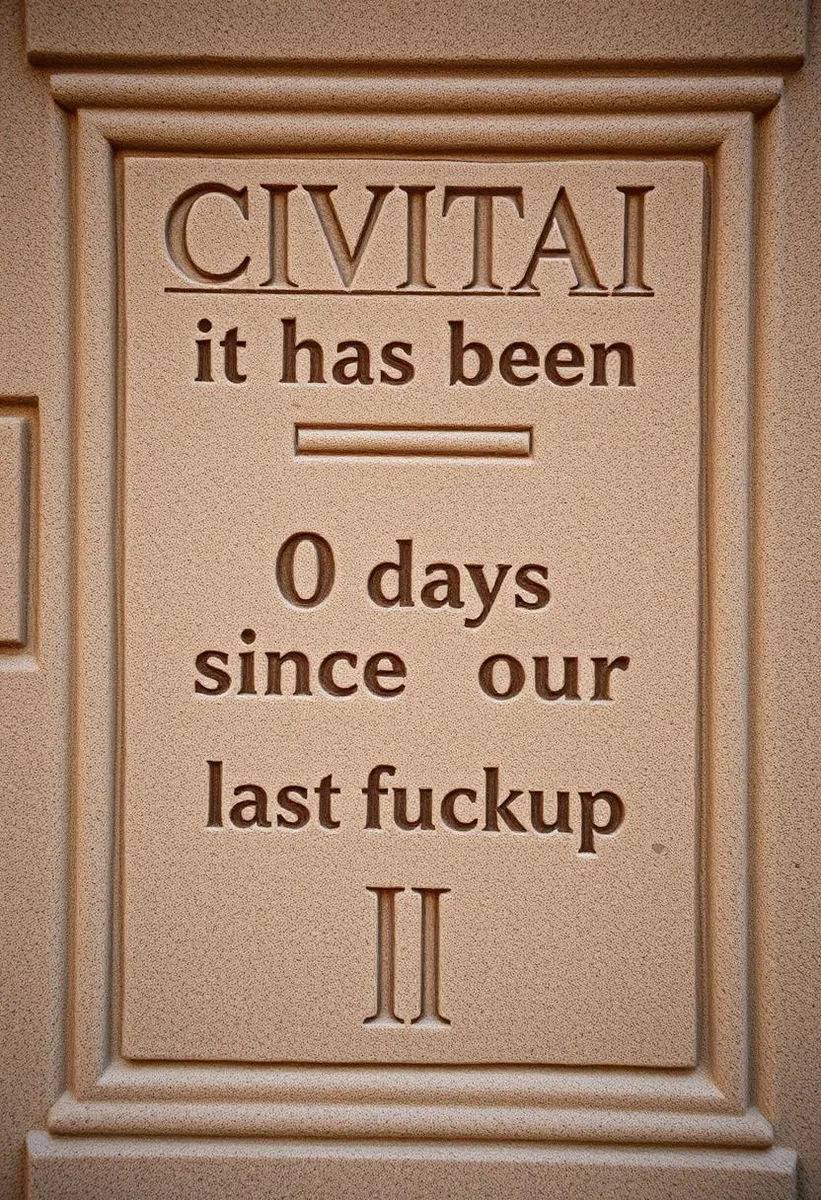 Stone tablet with the humorous inscription: 'Civitai - it has been 0 days since our last fuckup'.