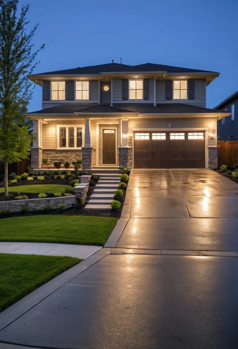 Modern suburban house at dusk with a wet driveway and landscaping.