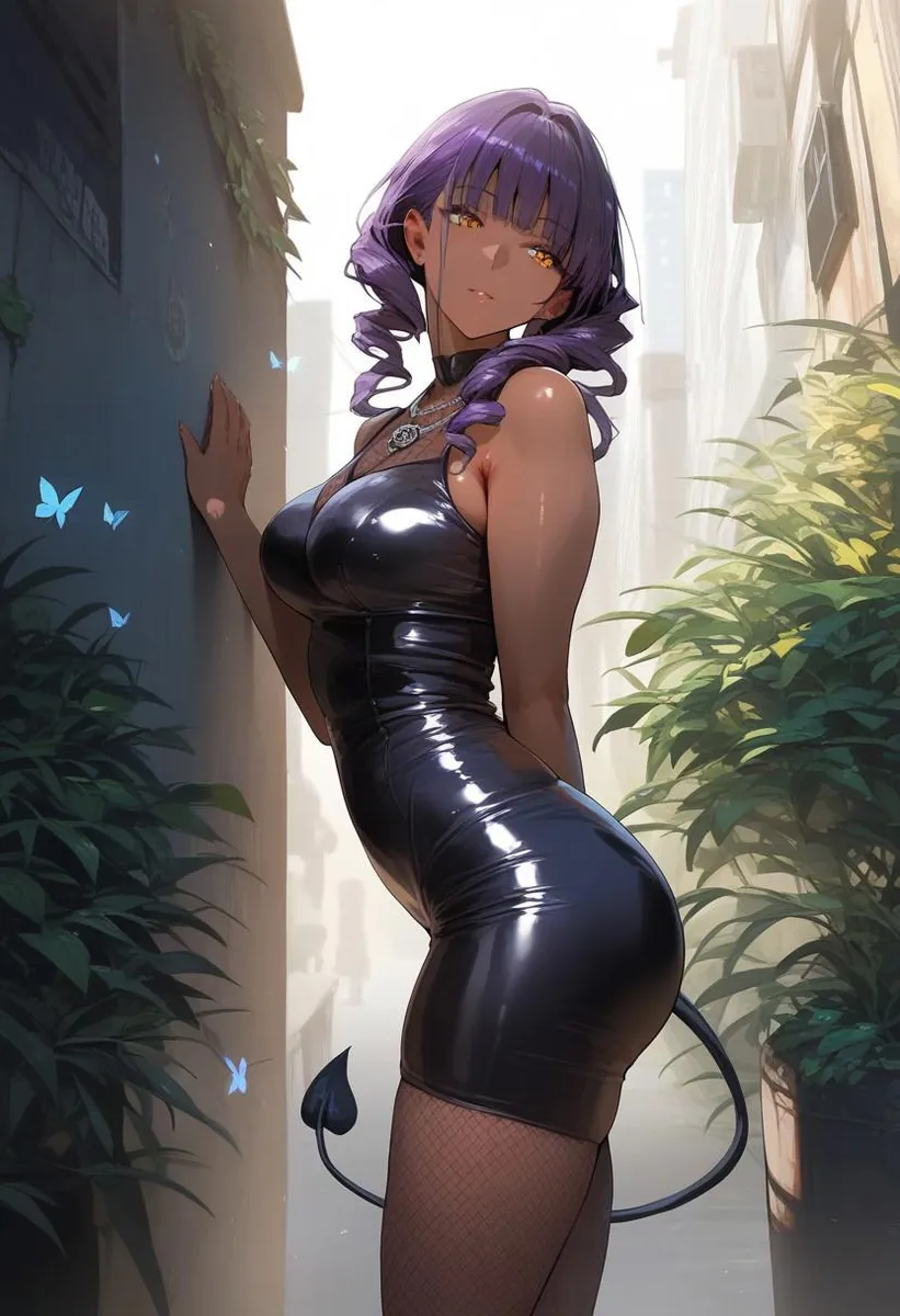 Goth succubus with amber eyes and dark purple hair, wearing a lace bodysuit and fishnet stockings, standing in an alley with butterflies.