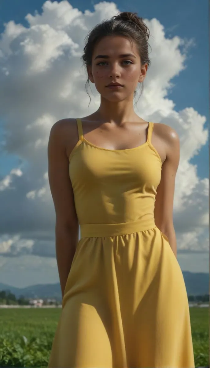 Woman with tan skin and dark hair in yellow dress stands in a meadow with blue skies and clouds.