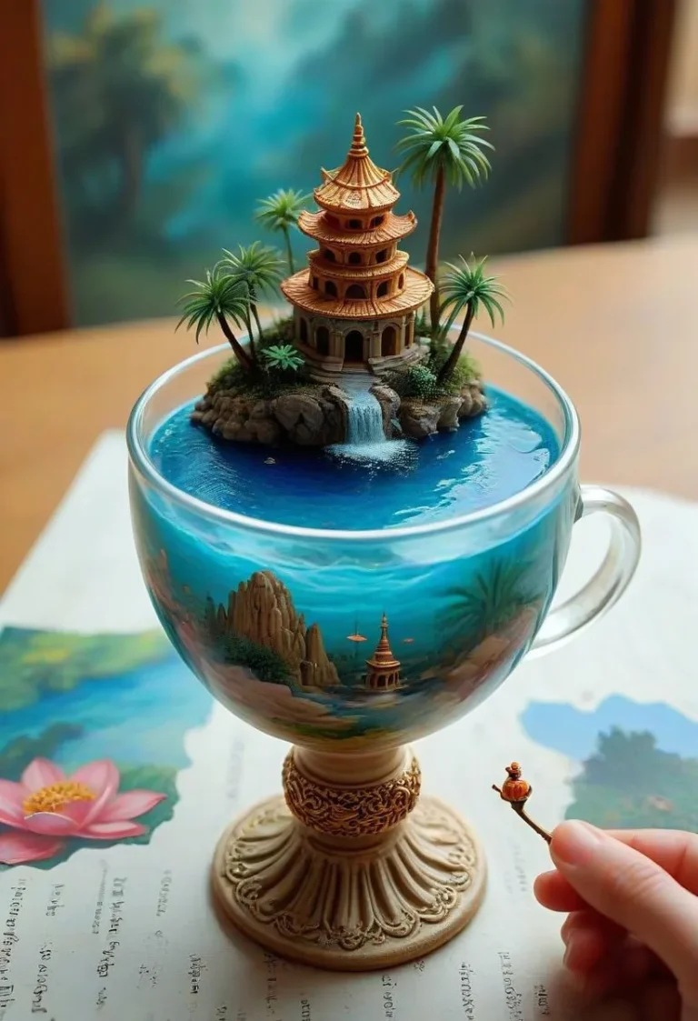 A tilt-shift image featuring a surreal oasis landscape with a tiny temple inside a cup, alongside a miniature genie spirit, and lush vegetation.