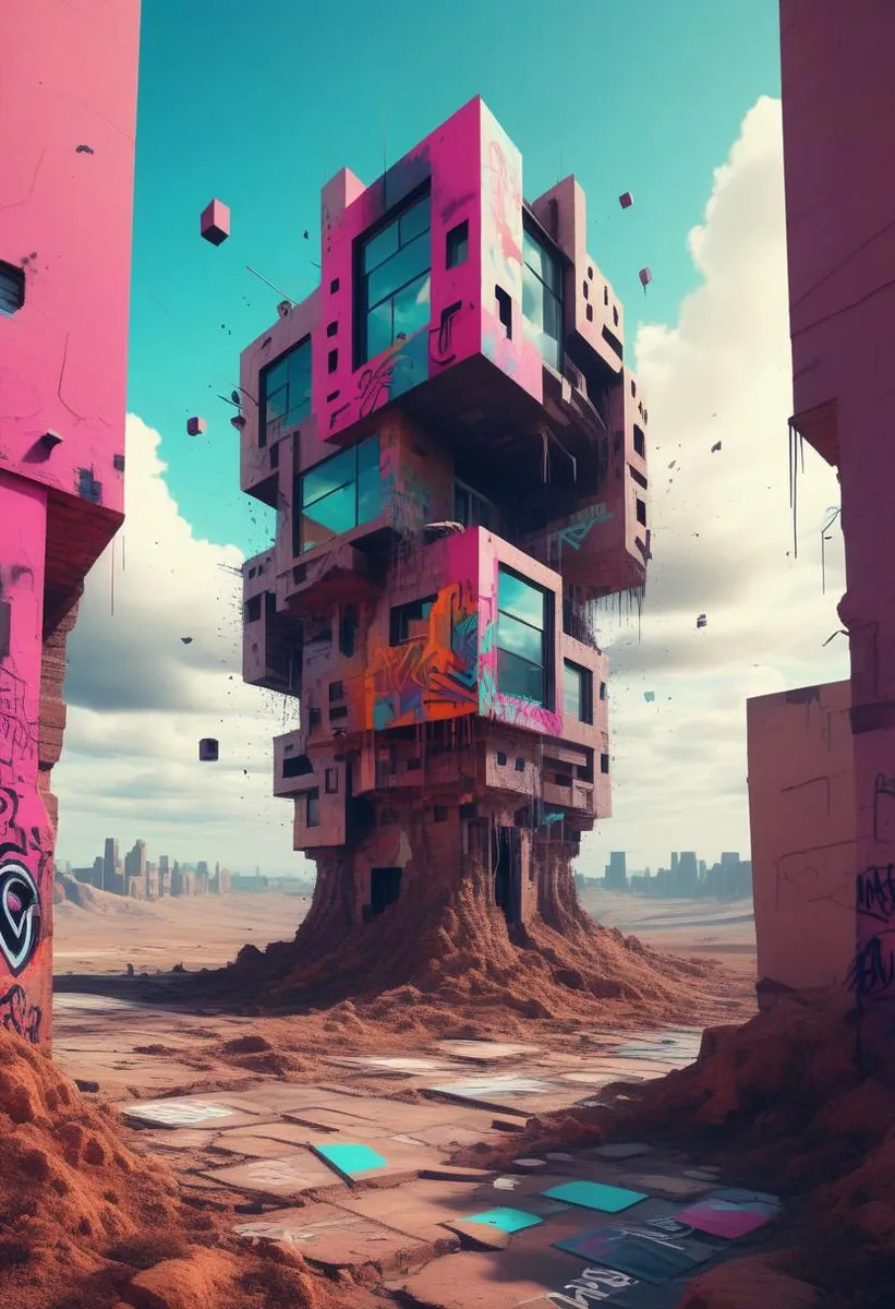 Surreal sci-fi landscape with glitch art and graffiti, featuring hovering geometric buildings.