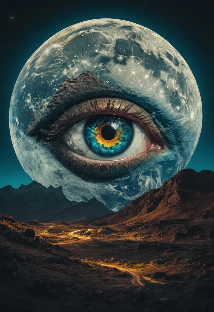 A surreal double exposure of a night scene with a giant eye over a moonlit landscape, blending mystical elements with high contrast.