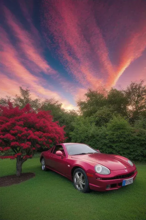 赤い車が花のように成長し、魔法の空が広がる鮮やかな超現実的なシーン。