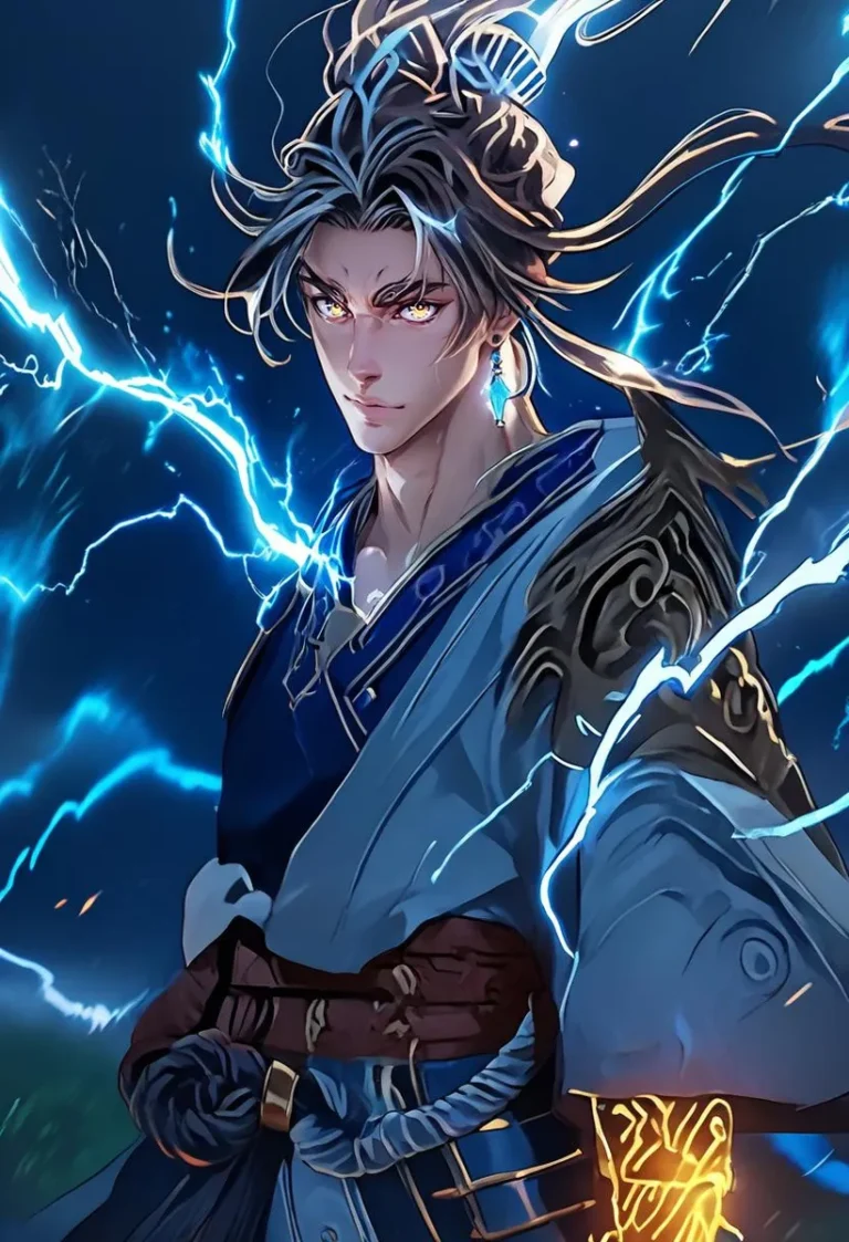 Anime-style portrait of Susanoo no Mikoto with glowing lightning effects and blue theme.