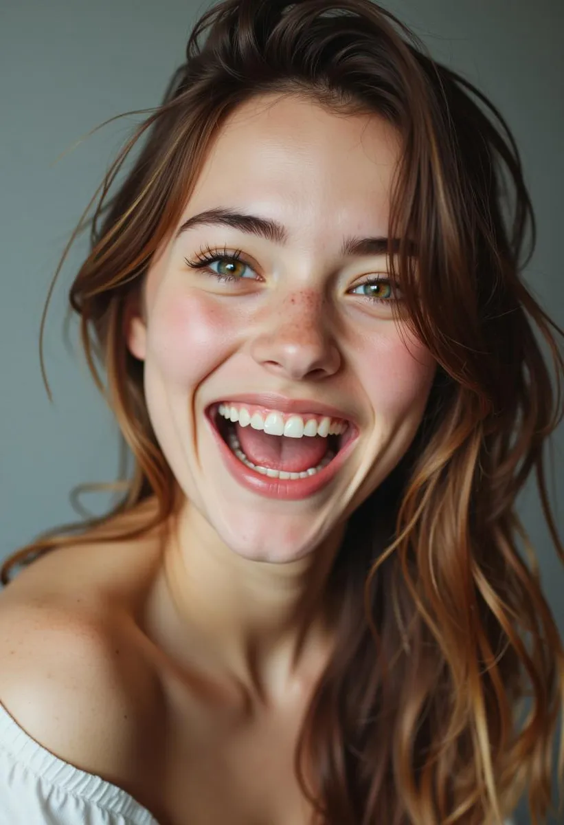 Teenage girl with model-like features, large colorful eyes, and huge smile