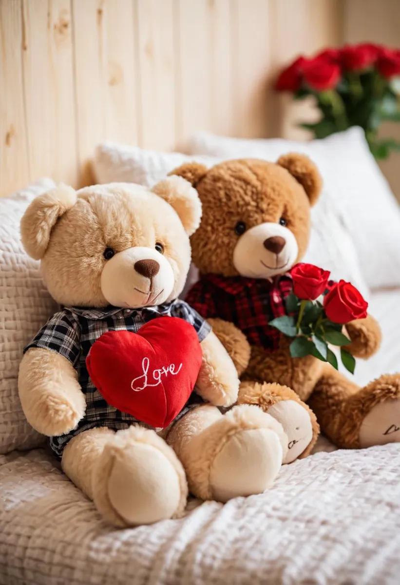 Two adorable teddy bears in plaid shirts, one holding red roses and the other a heart-shaped pillow with 'Love', in a cozy indoor setting.