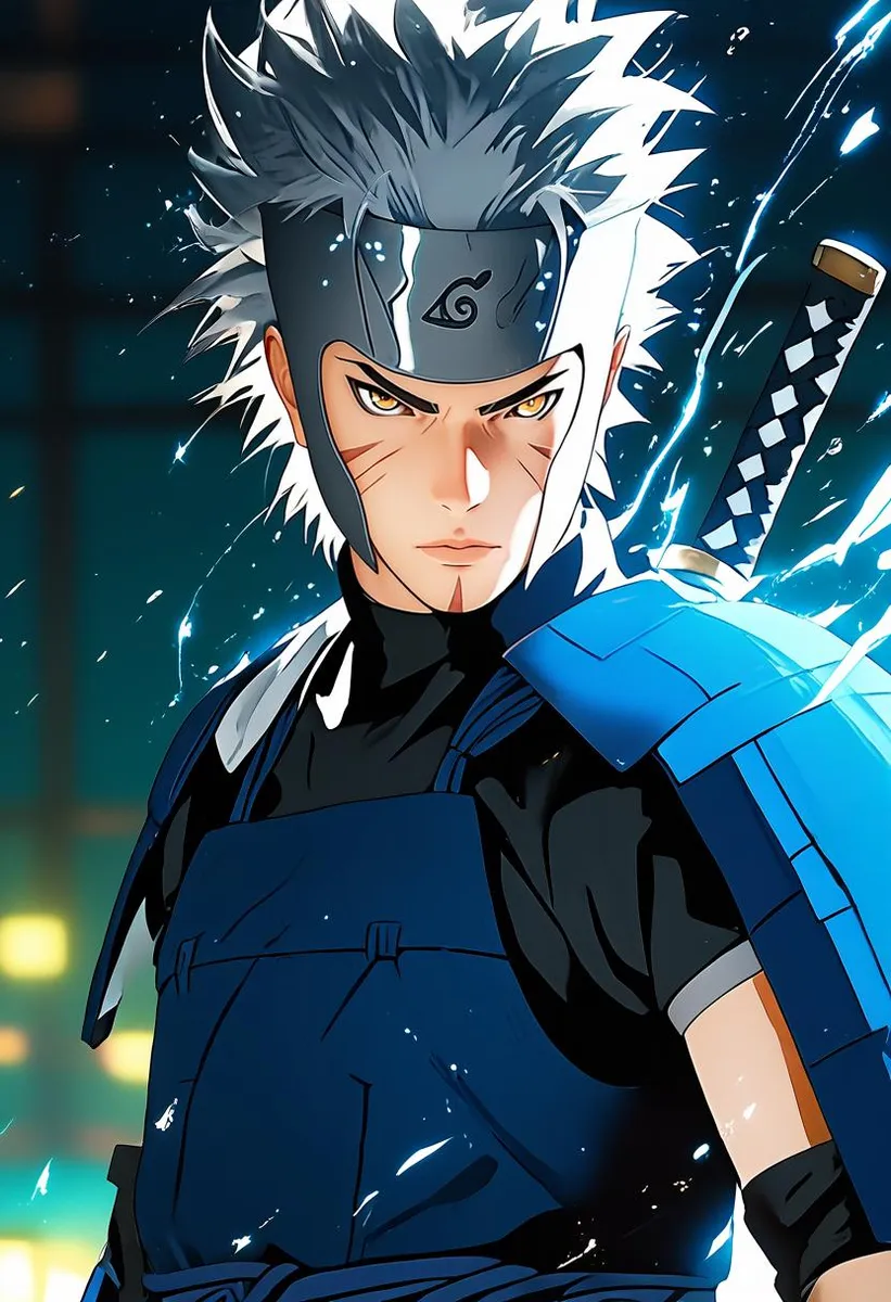 Anime depiction of a ninja with grey spiky hair, blue armor, and sword.