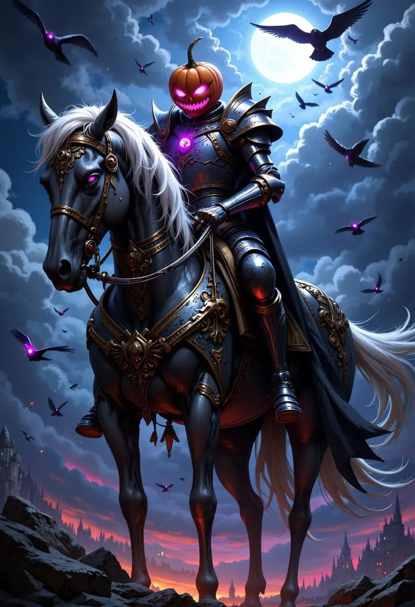 A dramatic scene of an undead knight with a pumpkin head riding a skeleton horse in gothic armor under a dark and stormy sky.