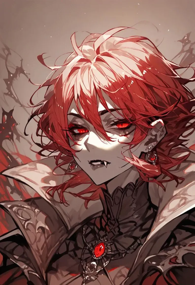 Vampire woman with red eyes and hair in a black and red theme, limited palette, monochrome and greyscale.