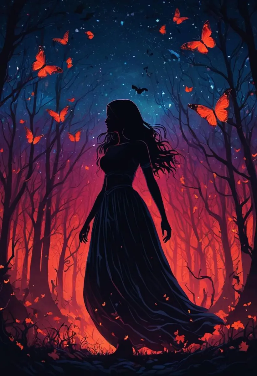 Silhouette of a vampire lady in a red forest with glowing butterflies, elegant clothes, and long flowy hair under a starry sky.