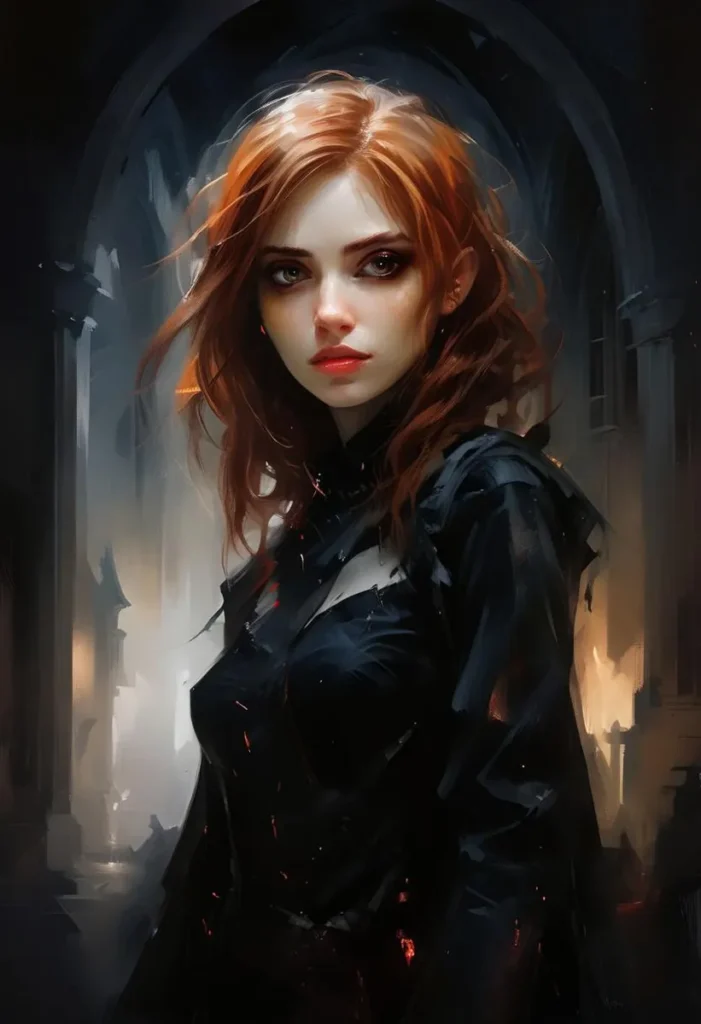 Vampire woman with red hair and luminous eyes smiling in a black robe.