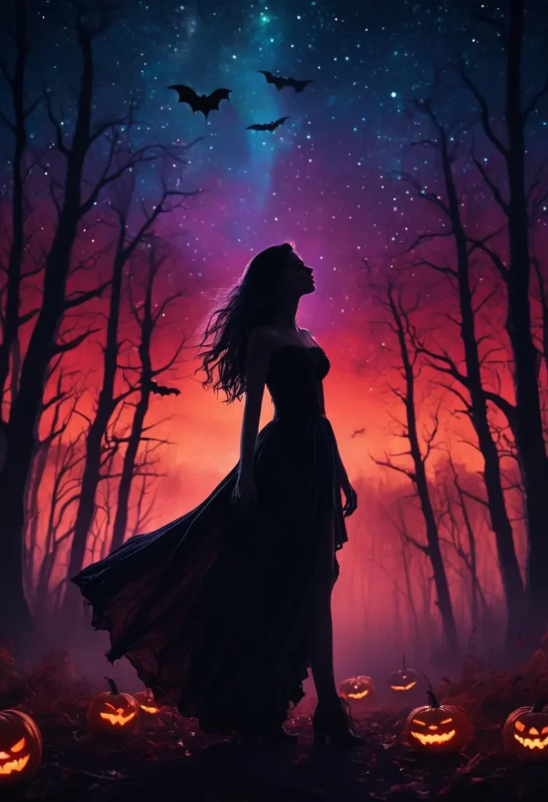 Silhouette of a vampire lady with long flowy hair in an elegant pose amidst glowing pumpkins and bats against a red forest background under a starry night sky.