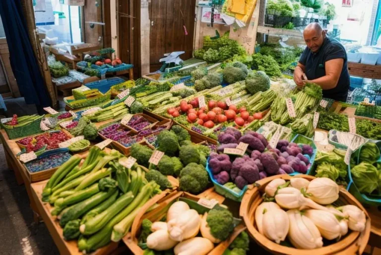 フォトリアリスティックな画像で、複雑で非常に詳細な生鮮品の並べられた活気ある野菜市場。