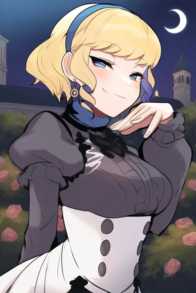 Blonde girl with multicolored hair and a blue hairband in a victorian garden under the moonlight, wearing black and white attire.