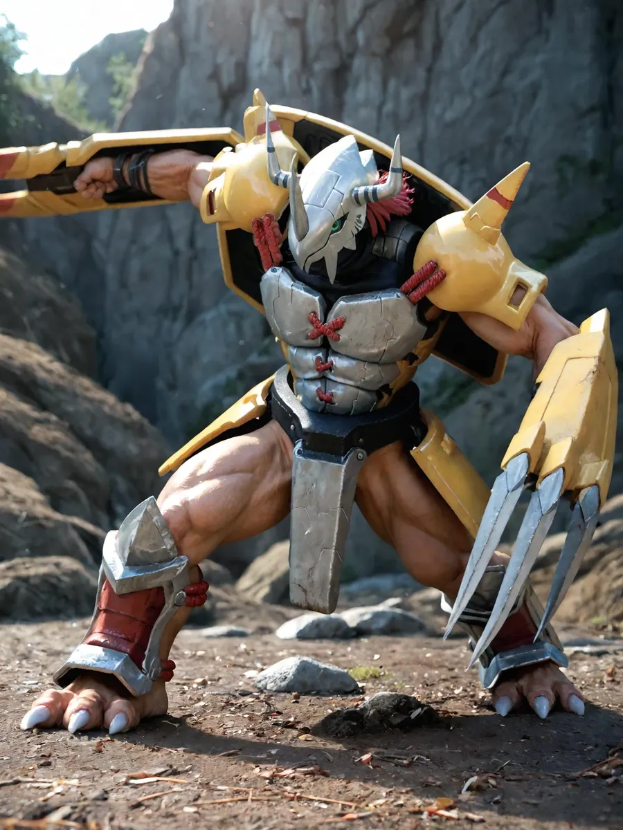 Wargreymon, a Digimon creature with green eyes, in a fighting stance, clad in detailed armor and helmet, in an outdoor setting.