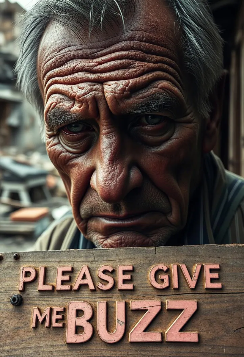 Close-up of a middle-aged man's weathered face with dramatic lighting, background of decaying slum, text 'PLEASE GIVE ME BUZZ' on wood.