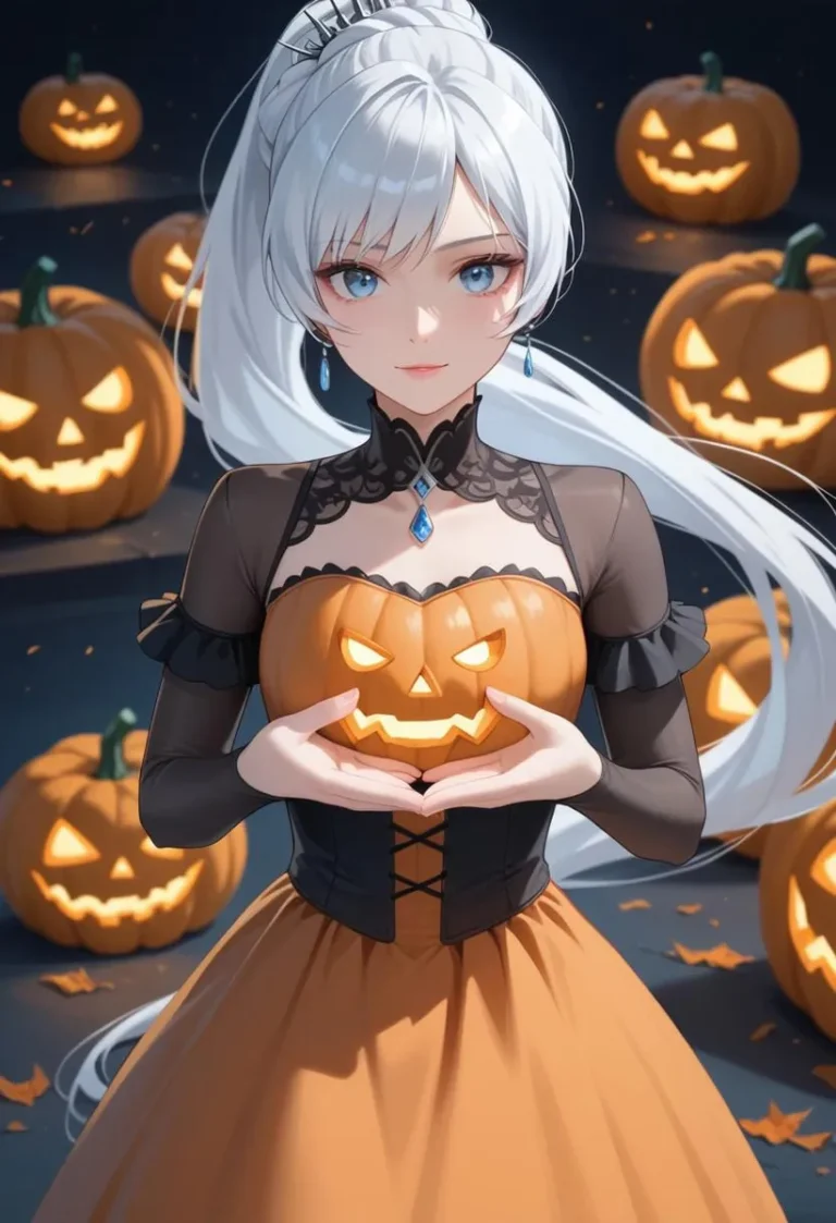 Weiss Schnee with white hair in a pumpkin-themed dress holds a jack-o'-lantern amidst glowing pumpkins, showcasing her blue eyes and elegant style.