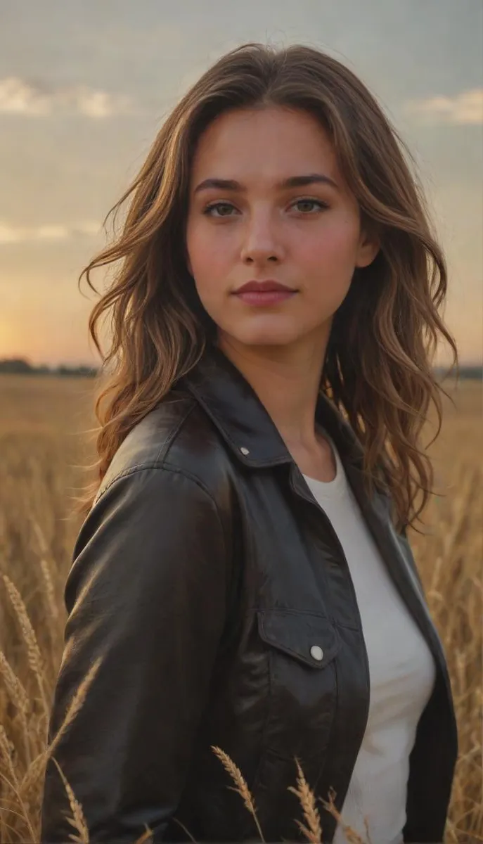 Portrait of a young woman in a wheat field wearing a leather jacket with a serene expression.