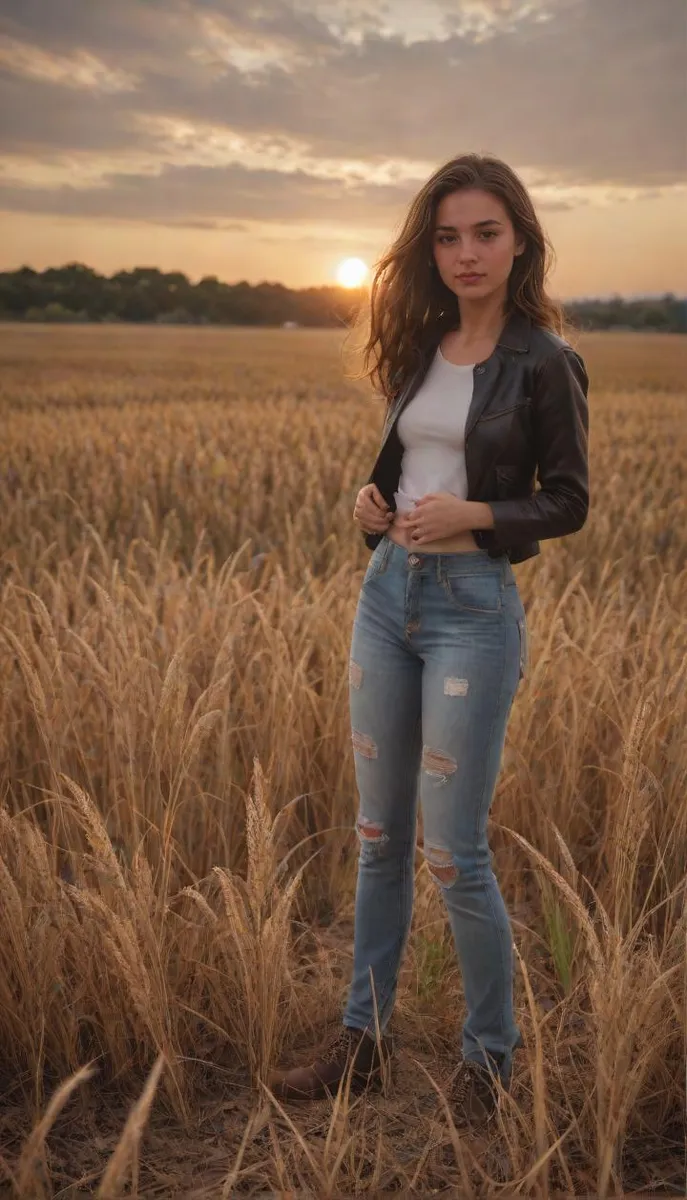 Person wearing leather jacket and jeans in a wheat field at sunset.