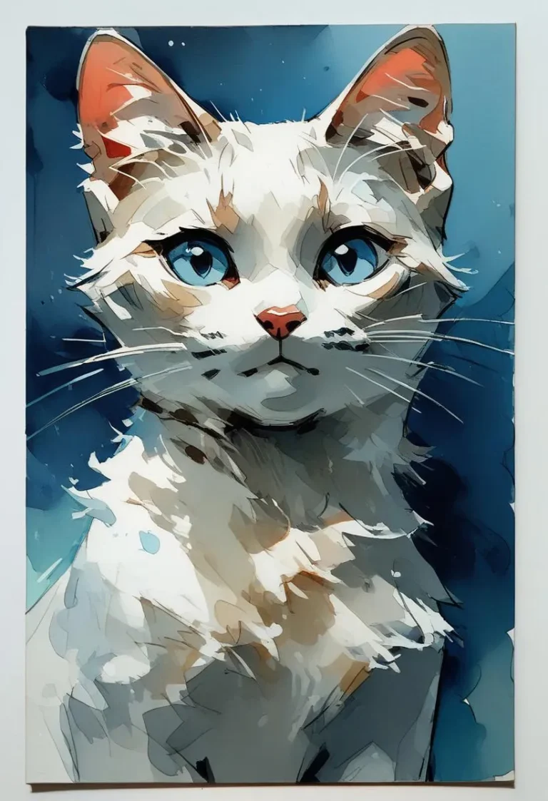 A watercolor painting of a white cat with striking blue eyes set against a blue background.