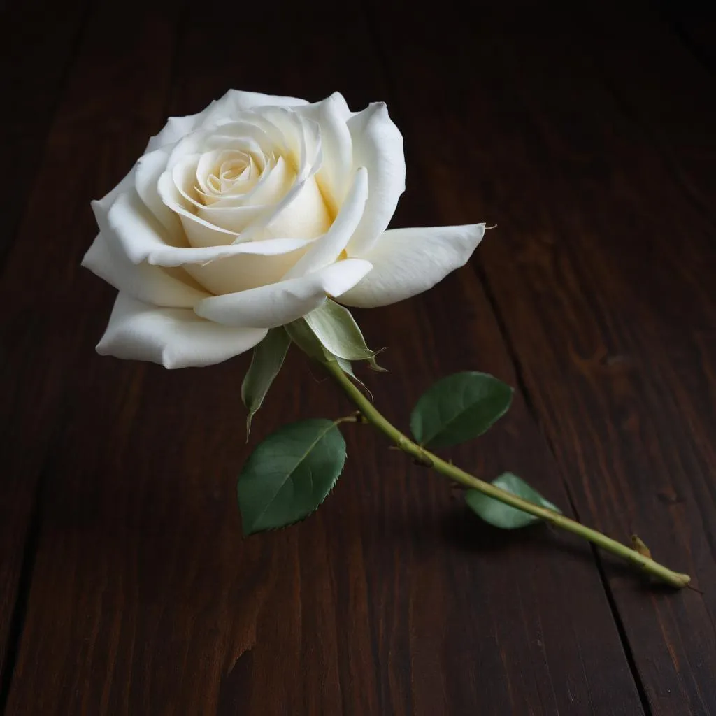 A single white rose with soft ambient light on a dark wooden table.