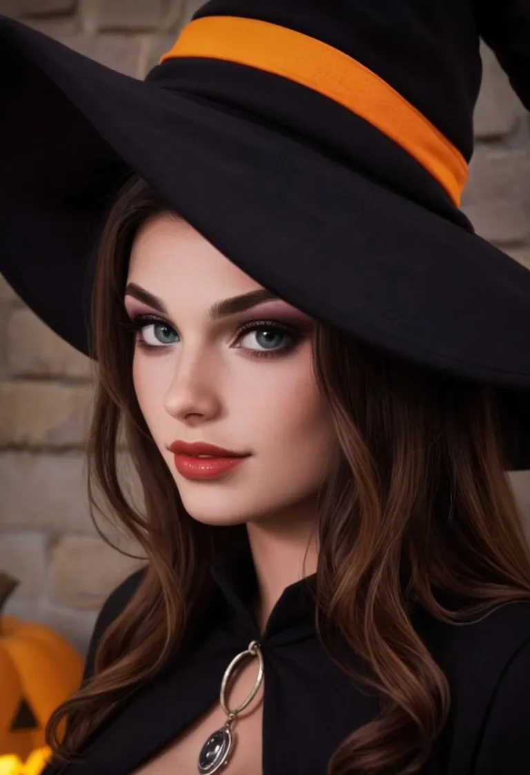 Portrait of a beautiful kind witch with a witch hat, celebrating Halloween night with a happy expression.