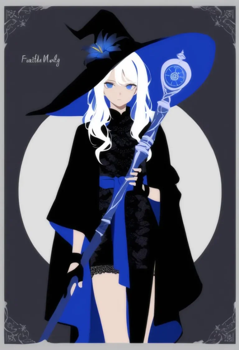 Illustration of a faceless witch holding a mage staff with black and blue attire, minimalist design.