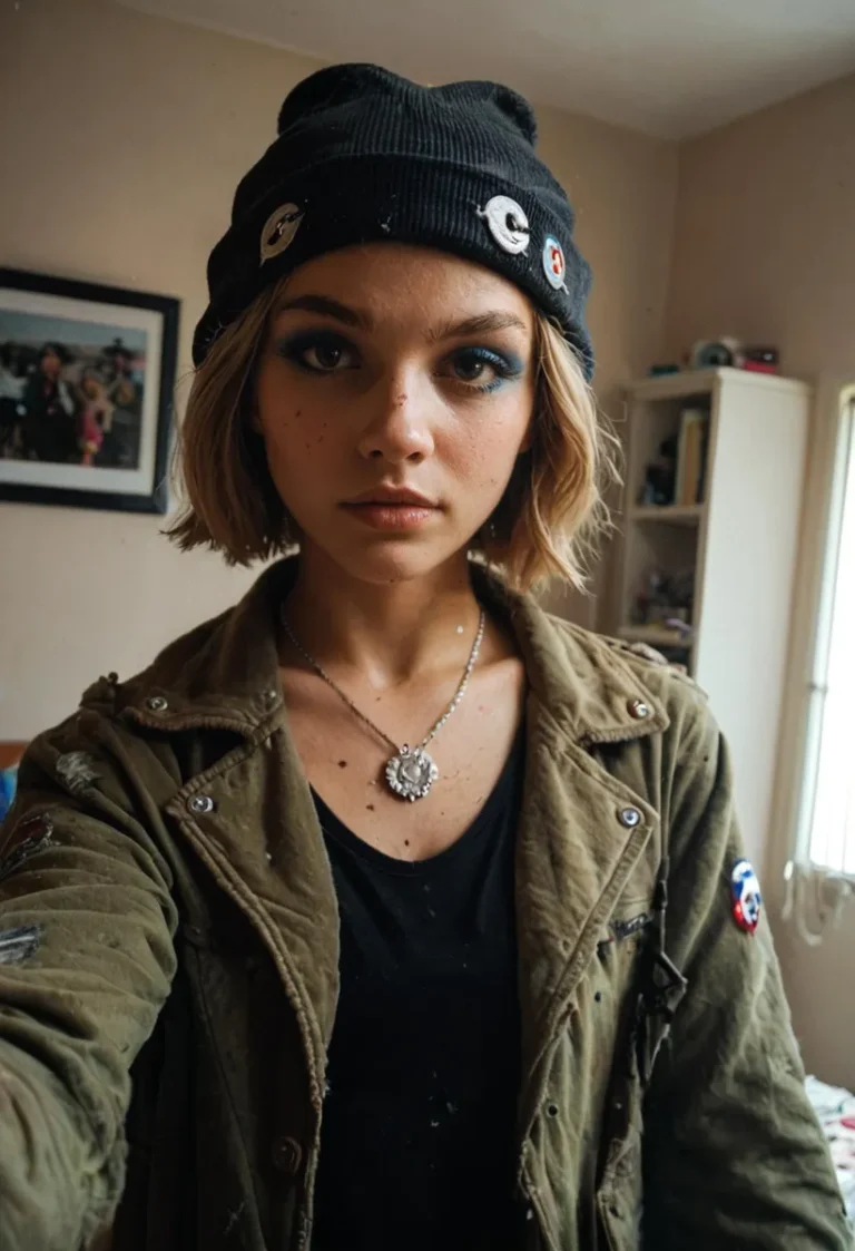 Young woman taking a selfie in a messy bedroom, wearing a beanie, jacket, and necklace, with film grain and 2000s nostalgia style.