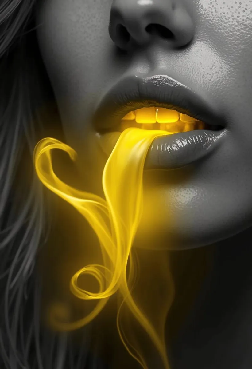 Close-up of a woman's lips in monochrome, glowing yellow.