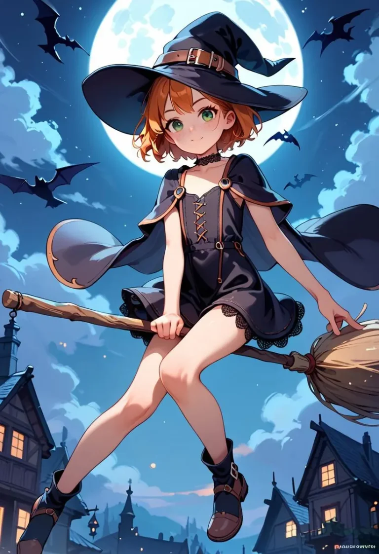 Young witch with ginger hair and freckles flies on a broomstick under a full moon, wearing a black dress and witch hat.