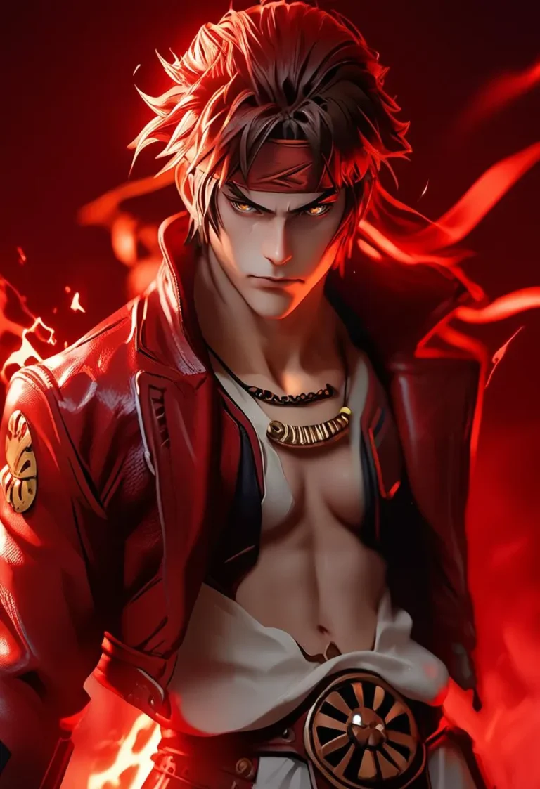 Close-up portrait of an anime character with a red aura, featuring dynamic lighting and an intense expression.