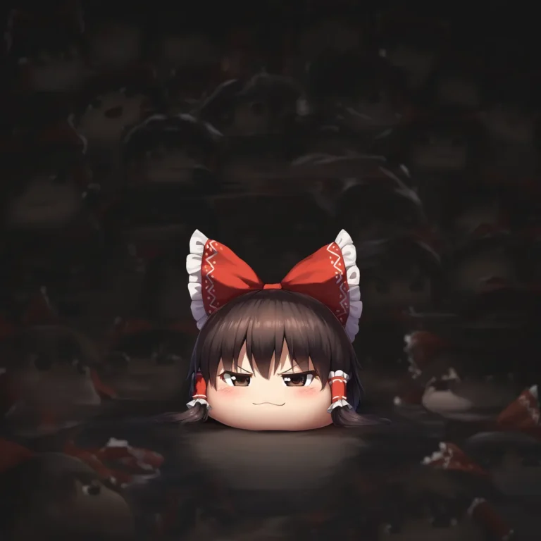 A dark background with Yukkuri Shiteitte Ne featuring V-shaped eyebrows and a frilled bow.