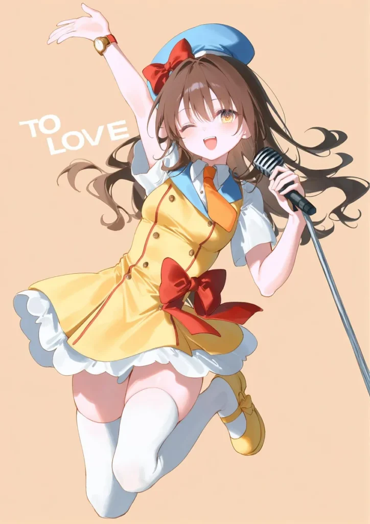 Yuuki mikan from to love-ru in an idol outfit with microphone, smiling energetically, orange background.