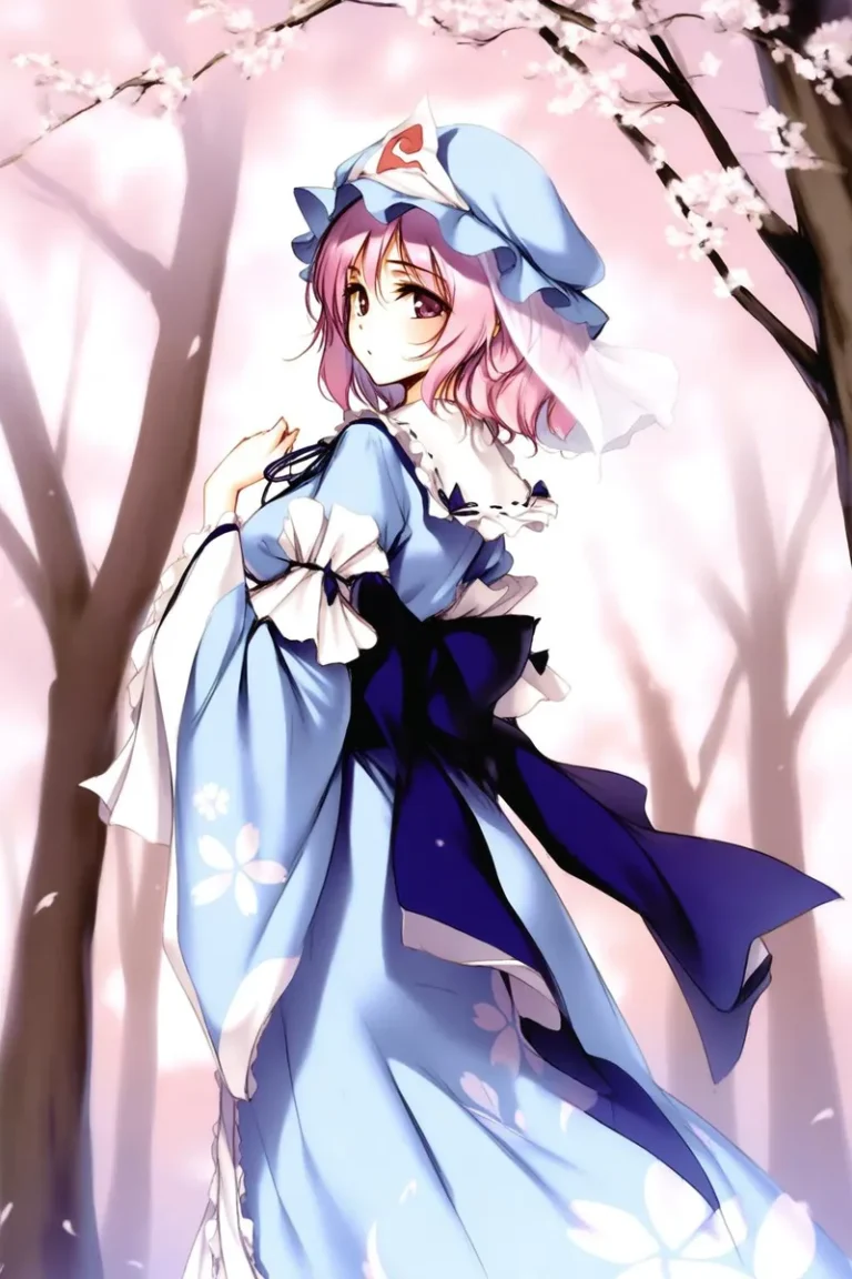 Saigyouji Yuyuko in a blue dress, standing under cherry blossoms, looking back.