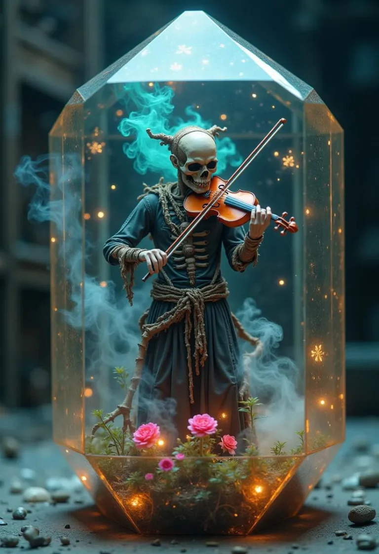 A transparent alien data crystal containing a zombie violinist with a glowing skull playing a bone violin, emitting teal and magenta notes.