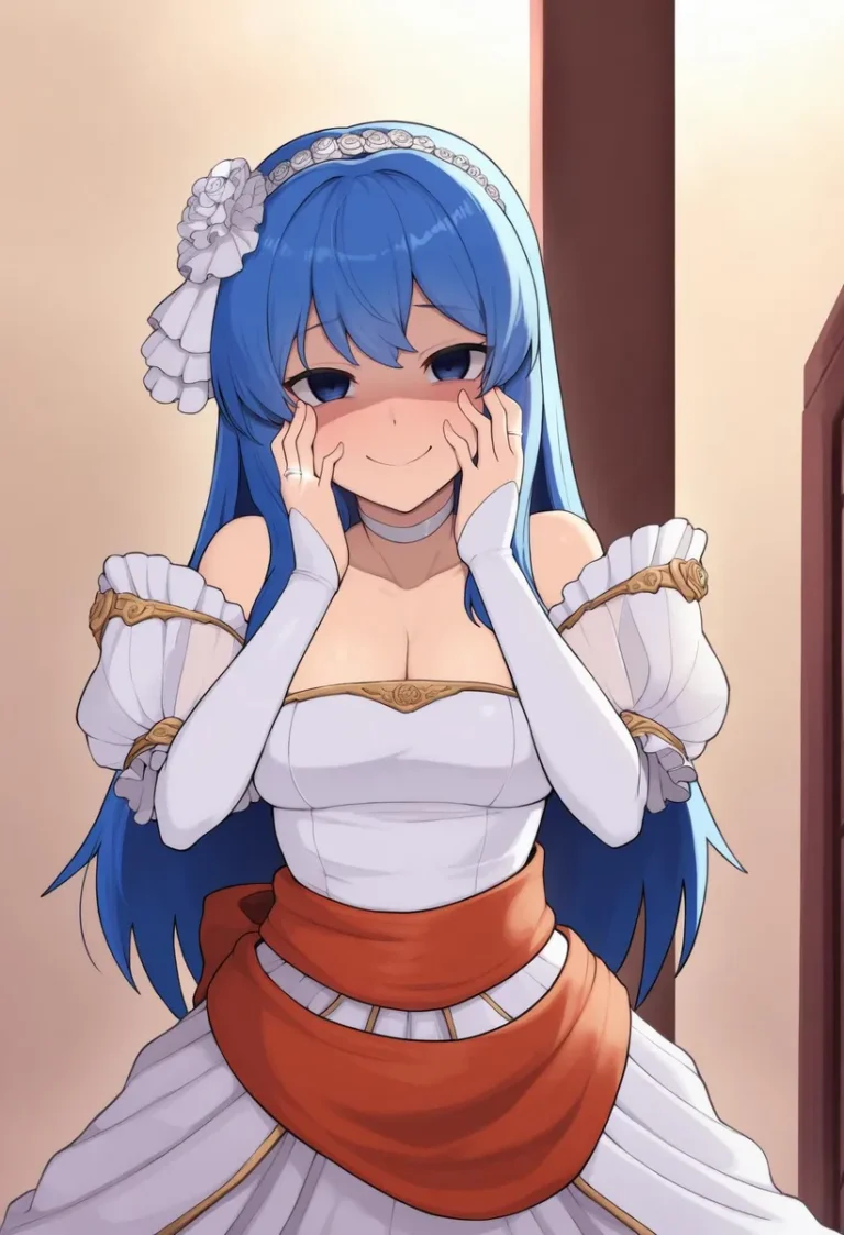 Anime bride with blue hair and wedding dress, hands on face.