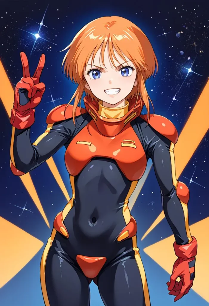 Anime character with orange hair in a black and red pilot suit grinning in a dynamic pose against a space background.