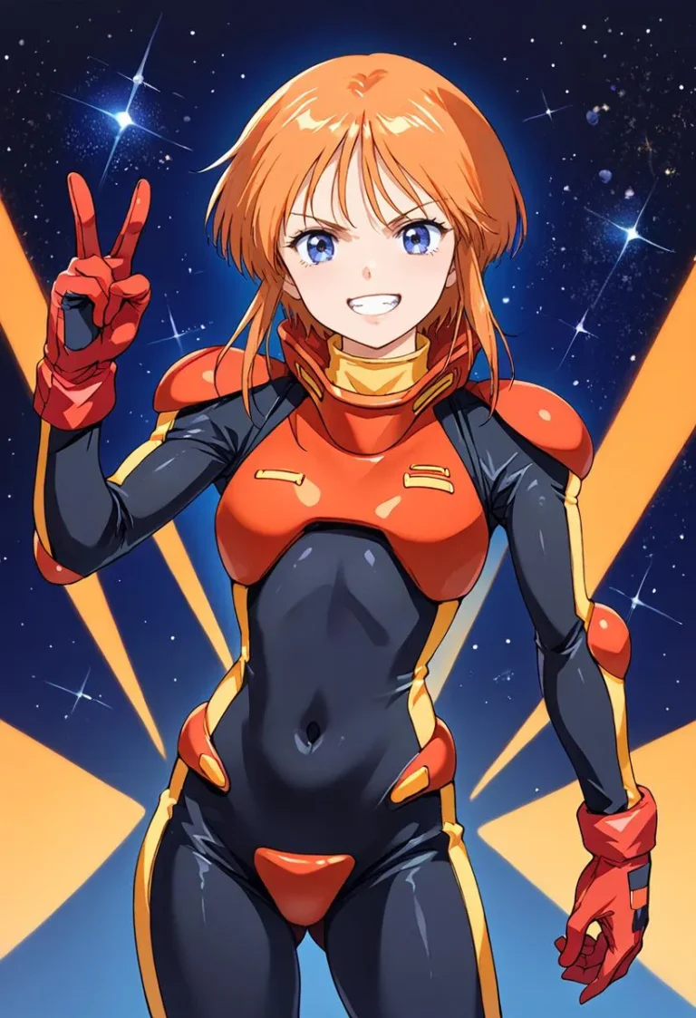 Anime character with orange hair in a black and red pilot suit grinning in a dynamic pose against a space background.