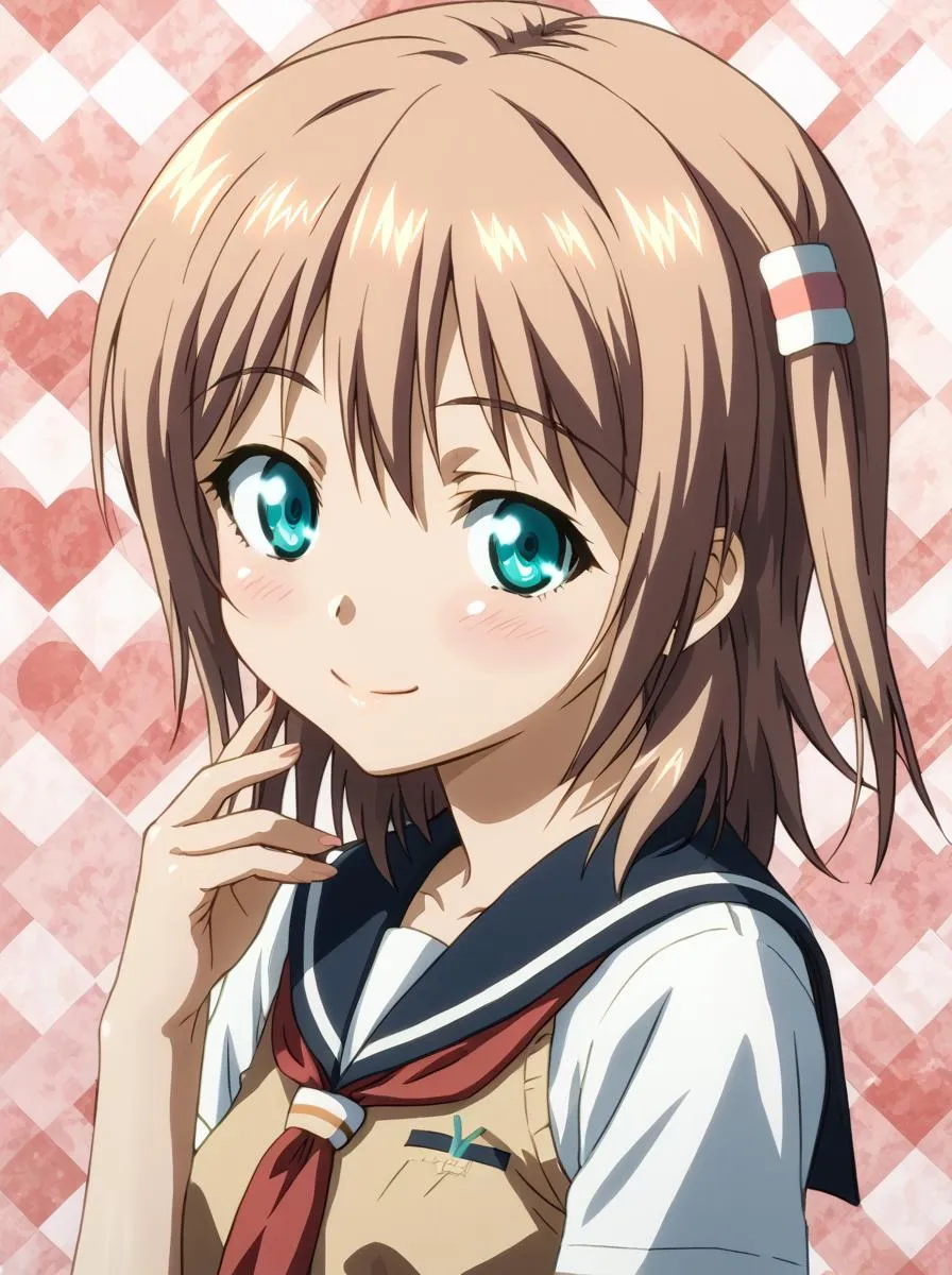 Anime character with shiny skin in a school uniform, smiling with a detailed heart-patterned background.